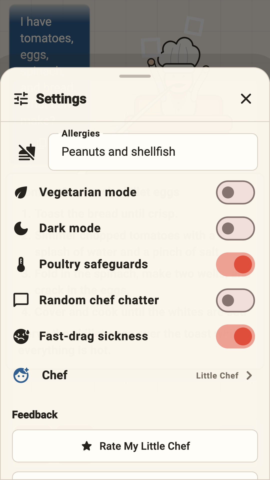 Allergy and dietary preference settings