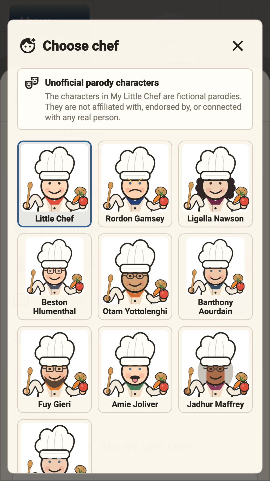 Selectable chef personalities